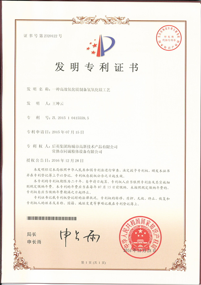 一种高效氧化镁制备氢氧化镁工艺发明专利证书